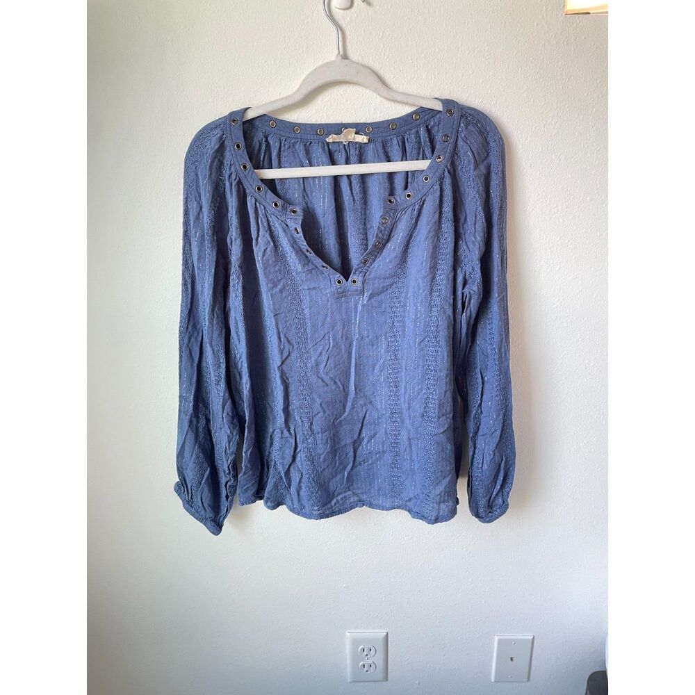 FAIRY GRUNGE Lovestitch Peasant Blouse L Metallic Silver Pinstripe Grommet Top